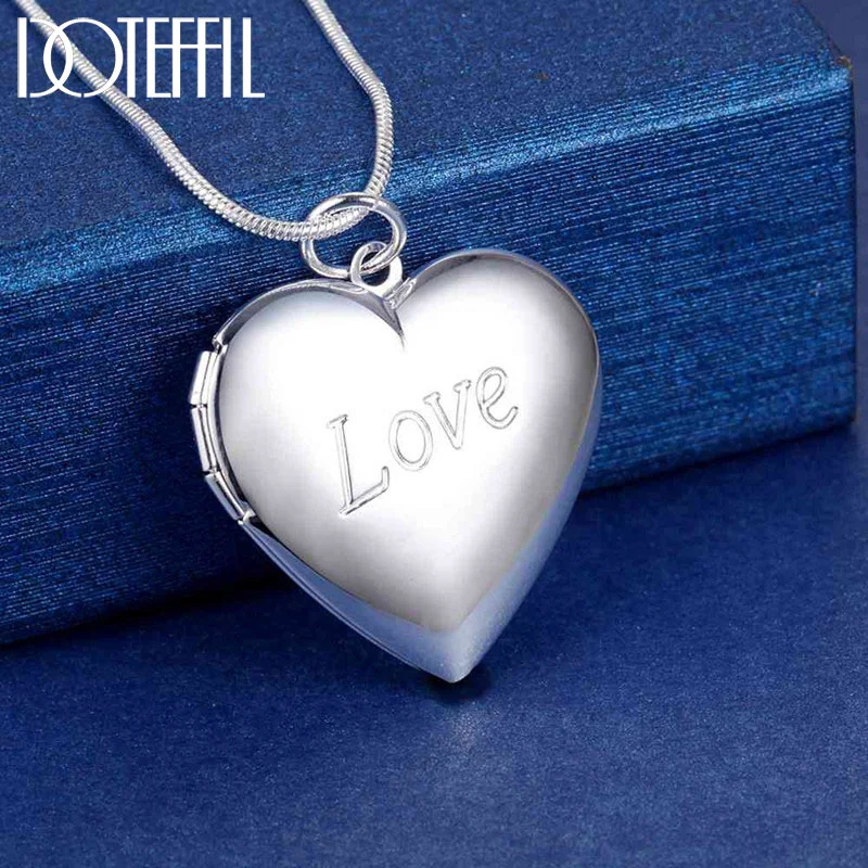DOTEFFIL 925 Sterling Silver Snake Chain Love Photo Frame Necklace For Women Jewelry