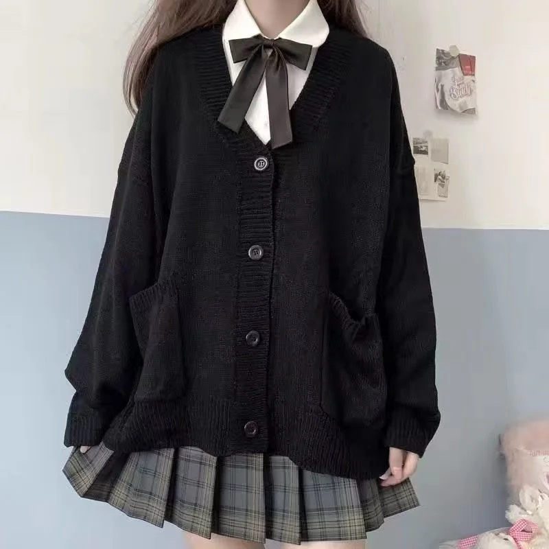 HOUZHOU Japanese School Basic Sweaters Women Autumn Kawaii Solid V-neck Loose Knitted Cardigan Preppy Style JK Uniform Cosplay