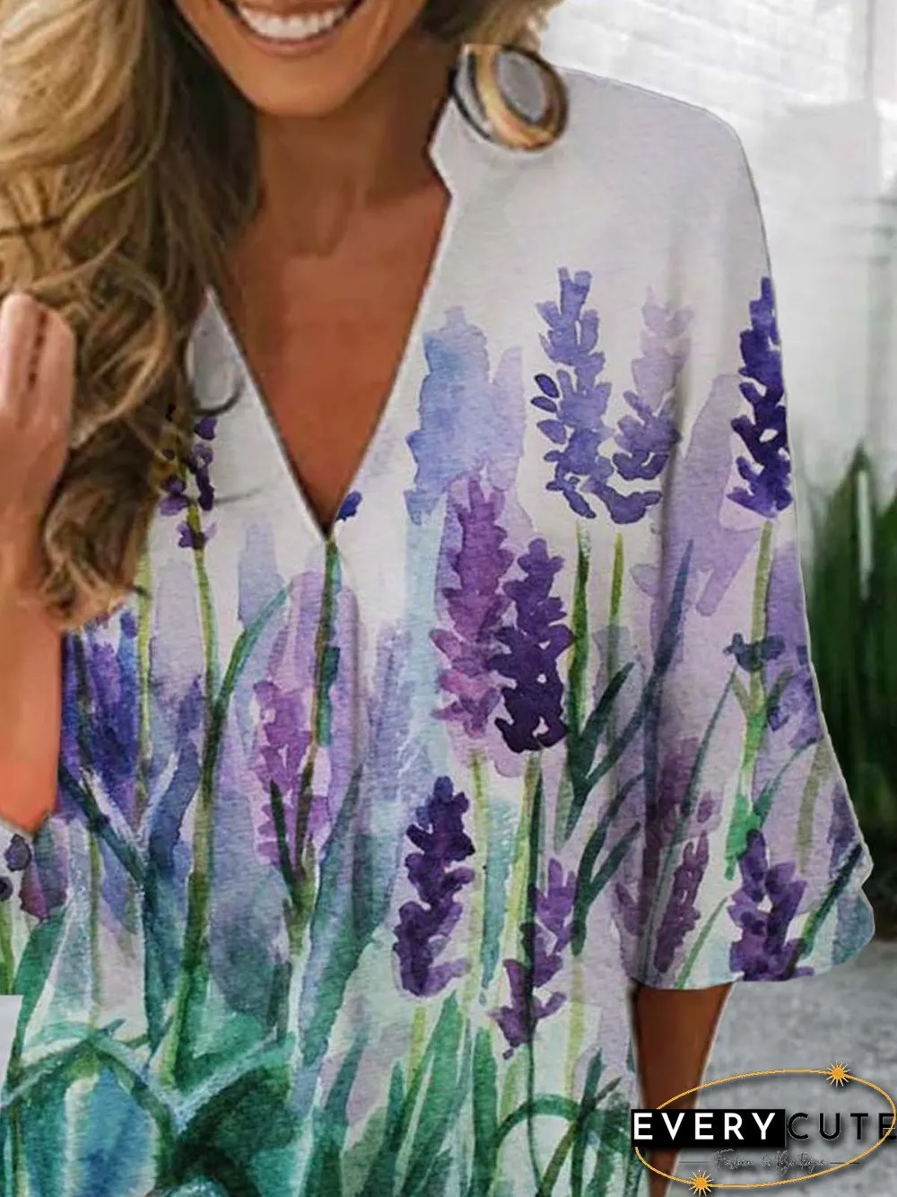 Floral Half Sleeve Printed Polyester V neck Casual Summer Blue Top