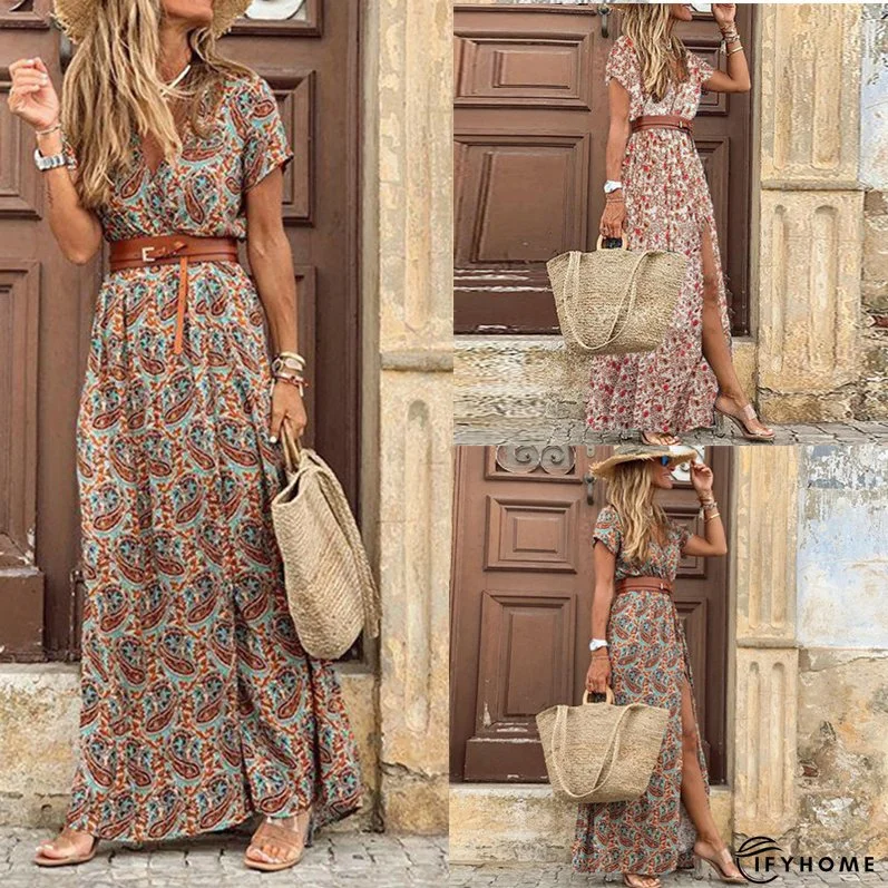 Boho Floral Print V Neck Short Sleeve Maxi Party Dress | IFYHOME