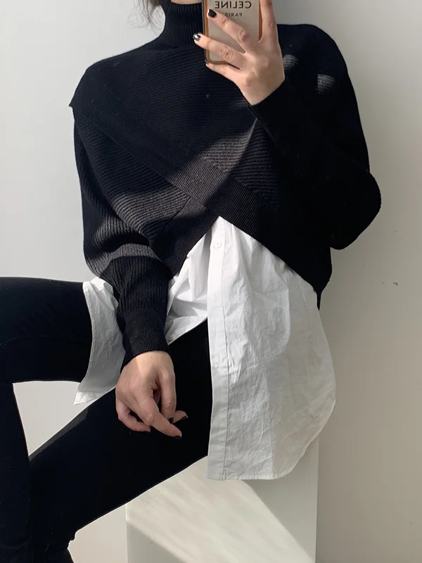 Split-Front Solid Color Asymmetric Long Sleeves High-Neck Sweater Pullovers Knitwear