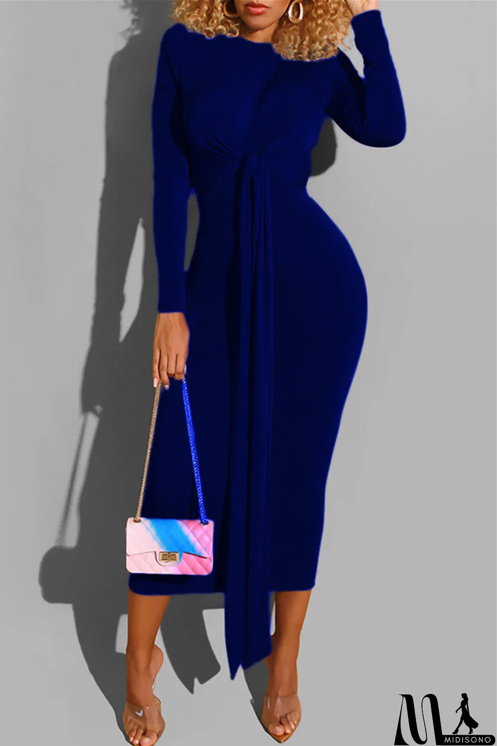 MidiSono - Deep Blue Fashion Casual Bandage O Neck Long Sleeve Dresses