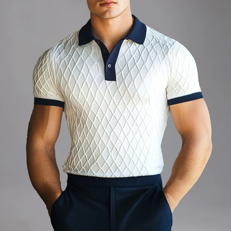 Business Knit Textured Contrast Binding Short Sleeve Polo Shirt 