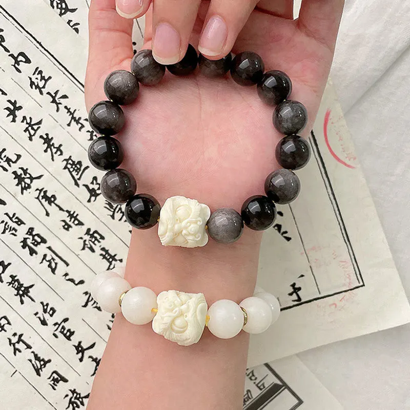 Silver Sheen Obsidian Bodhi Seed Ivory Fruit Dancing Lion Protection Bracelet