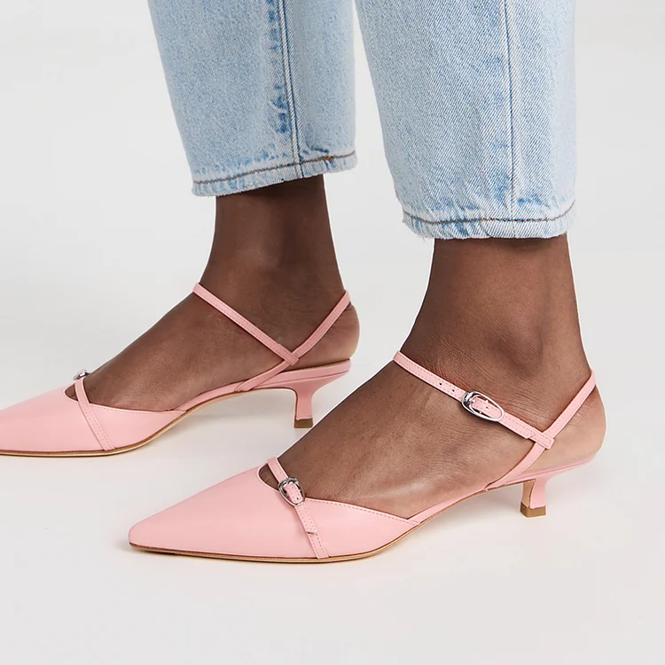 Light Pink Pointed Toe Buckle Ankle Strap Kitten Heel Pumps |FSJ Shoes