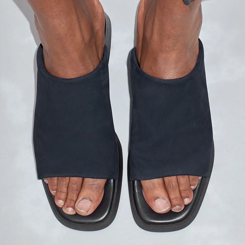 Women's Lycra Square Toe Chunky Heel Backless Mules Shoes in Navy