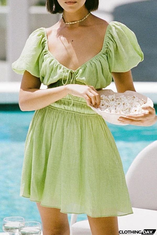 Solid Color Puff Sleeve Nipped Waist Mini Dress