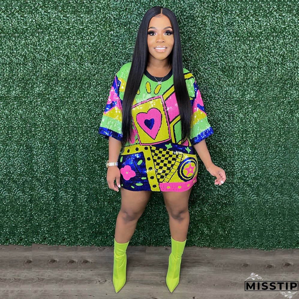 Trendy Round Neck Half Sleeve Loose Sequin Print Party Sequined Nightclub Style Women's Dress