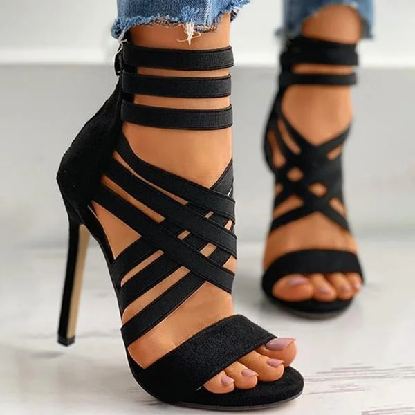 Womens Fashion Black Bandage Peep Toe Stiletto High-Heeled Sandals
