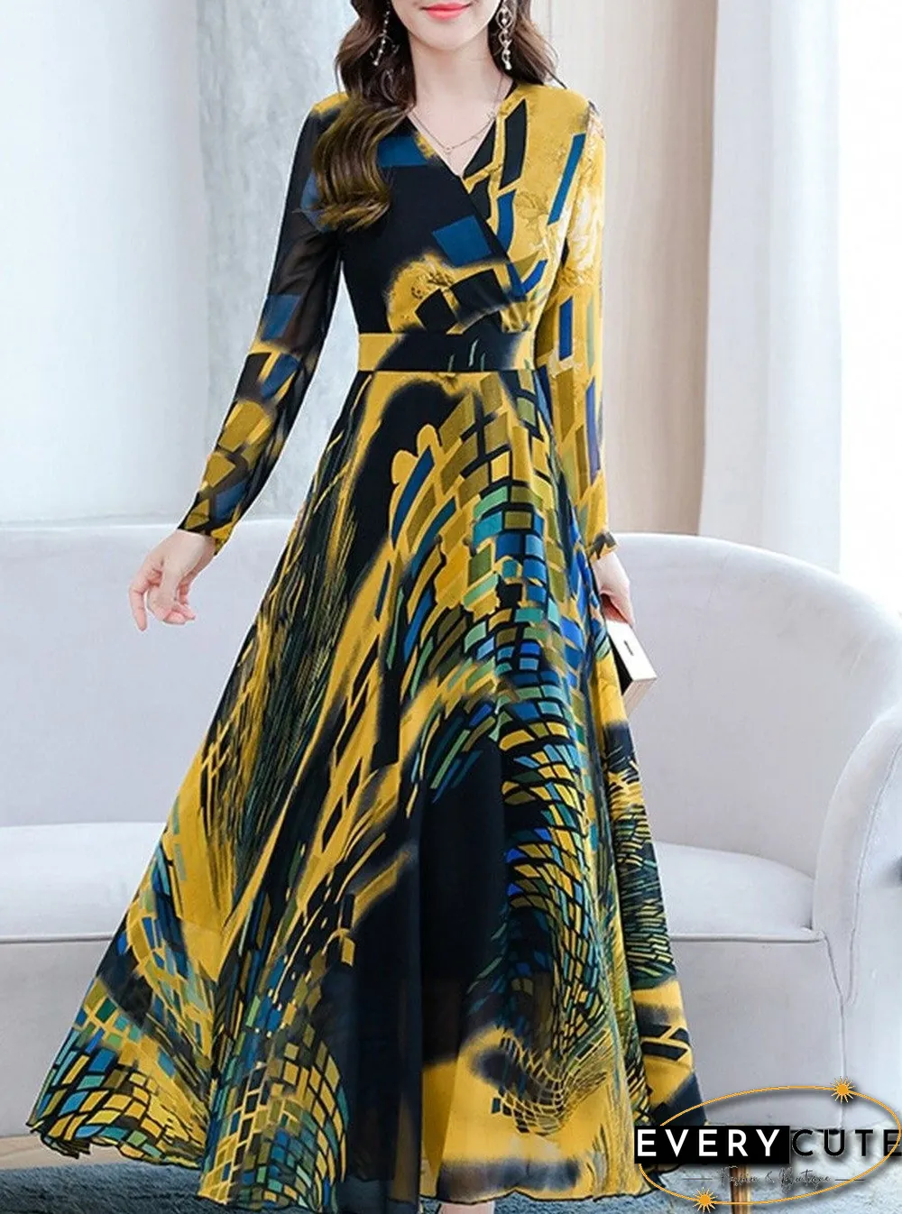 Long Sleeve Waist Printed V-Neck Maxi Dress