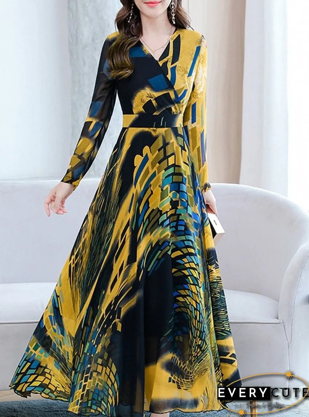 Long Sleeve Waist Printed V-Neck Maxi Dress