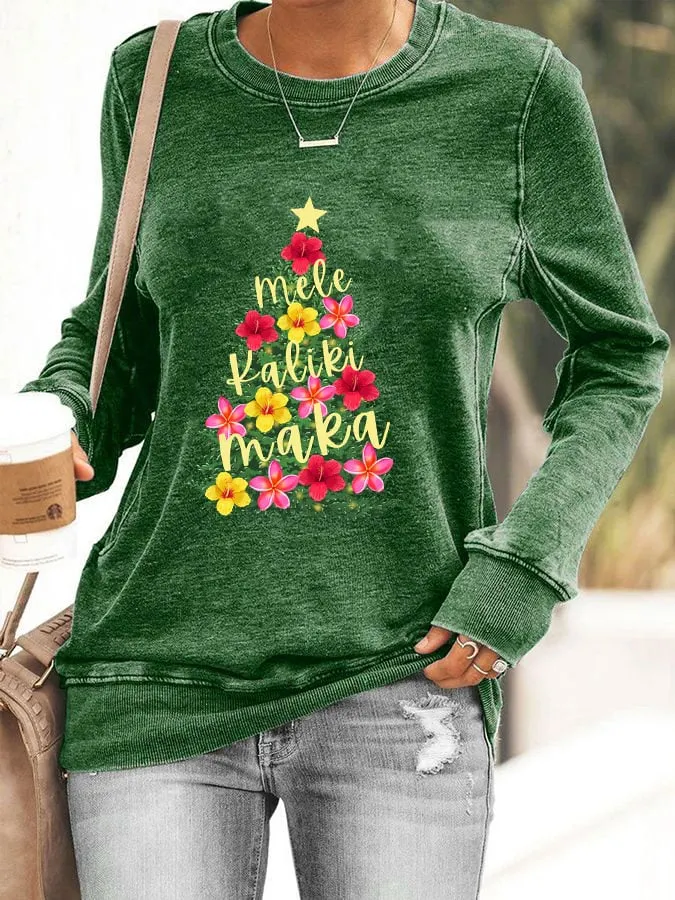 Women's Hawaiian Hibiscus Christmas Tree "Mele Kalikimaka" Print Sweatshirt