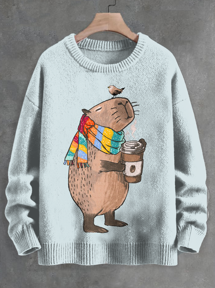 Men's Scarf Capybara Holding A Thermos Cup Graphic Print Knit Sweatshirt