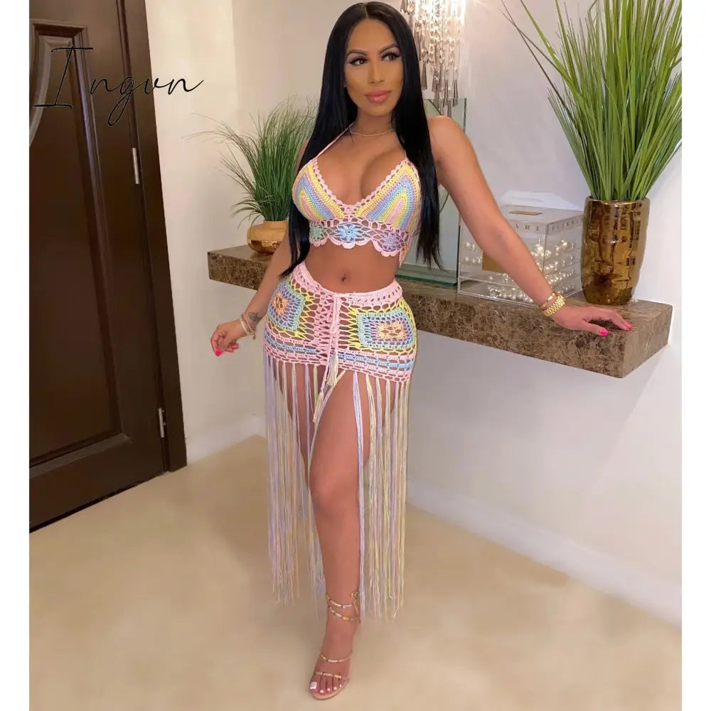 Ingvn - Sexy Crochet Tassel Two Piece Skirt Set Beach Dress Suit Summer Outfit Womens 2 Matching