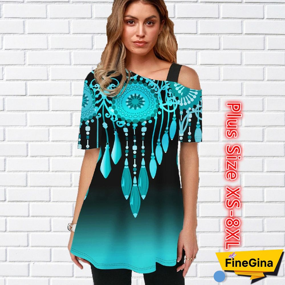 Womens Tops Femme Blouse Tribal Print Short Sleeve Gradient T Shirt Plus Size XS-8XL