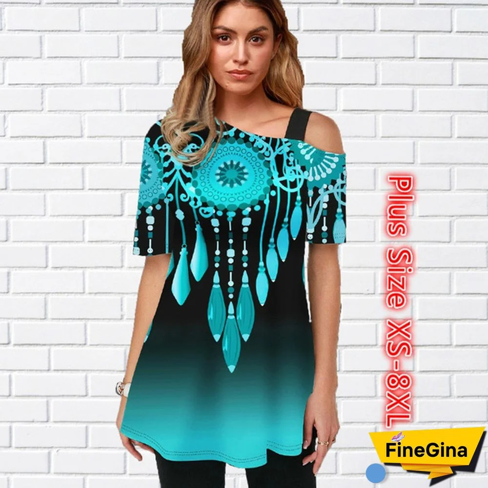 Womens Tops Femme Blouse Tribal Print Short Sleeve Gradient T Shirt Plus Size XS-8XL