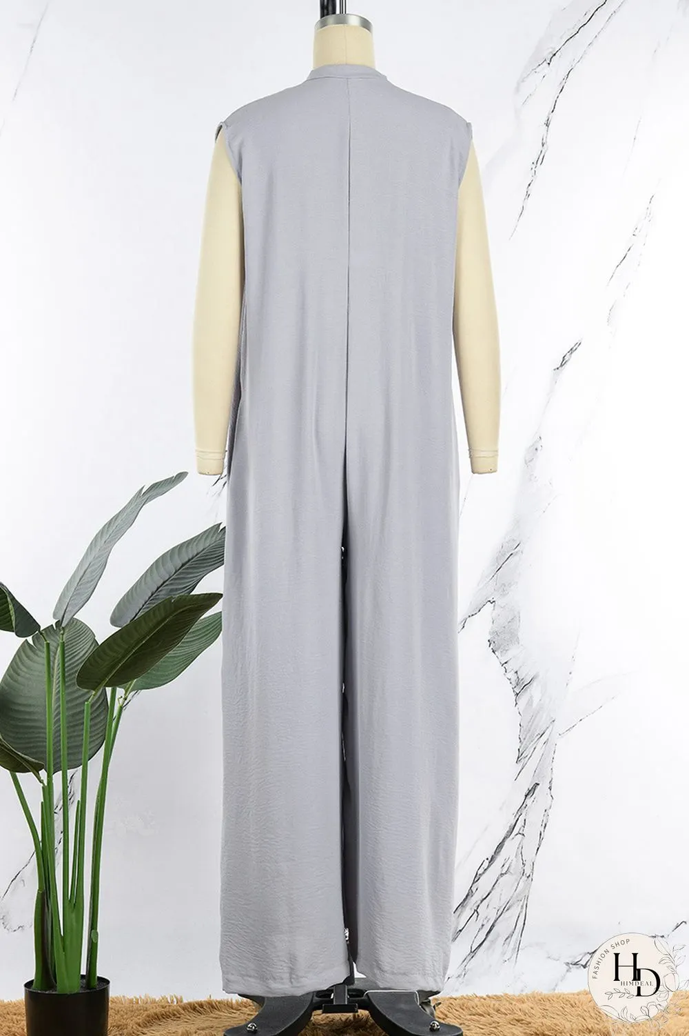 Grey Casual Solid Patchwork V Neck Regular Jumpsuits