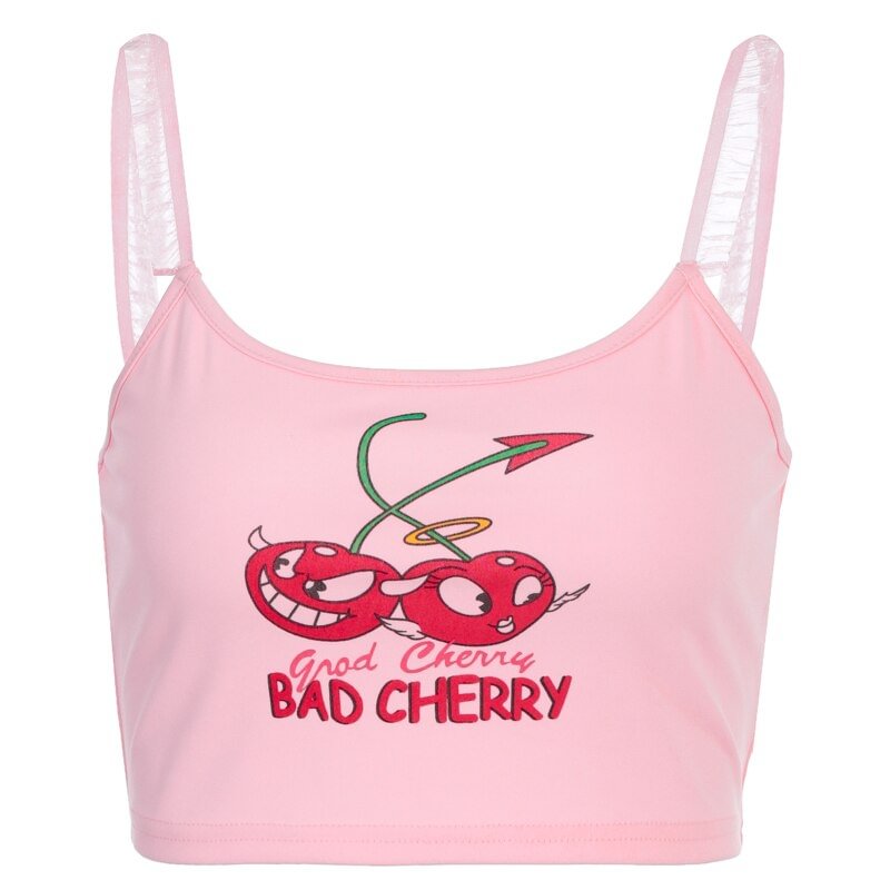 InstaHot cute cartoon crop tops women summer spaghetti strap camis letter printed streetwear casual tops 2020 pink slim camisole
