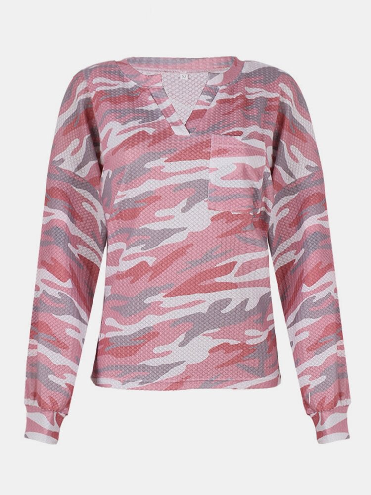 Camouflage Print V neck Long Sleeve Casual T Shirt For Women P1804499