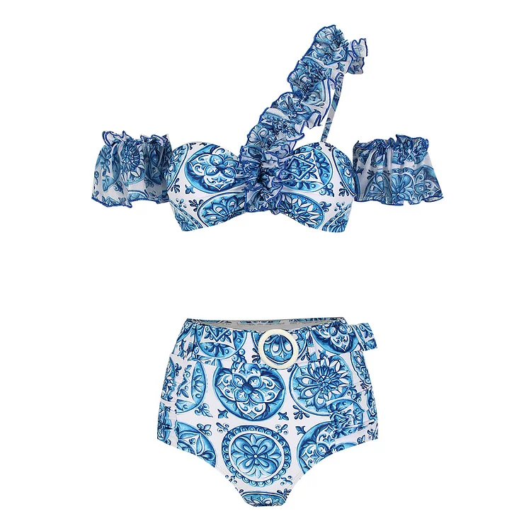Oblique Shoulder Ruffle Bleu Blanc Printed Bikini Swimsuit 