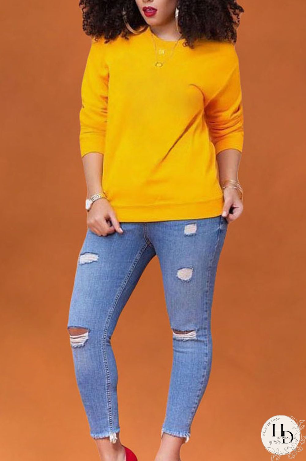 Orange Polyester O Neck Long Sleeve Solid Tops