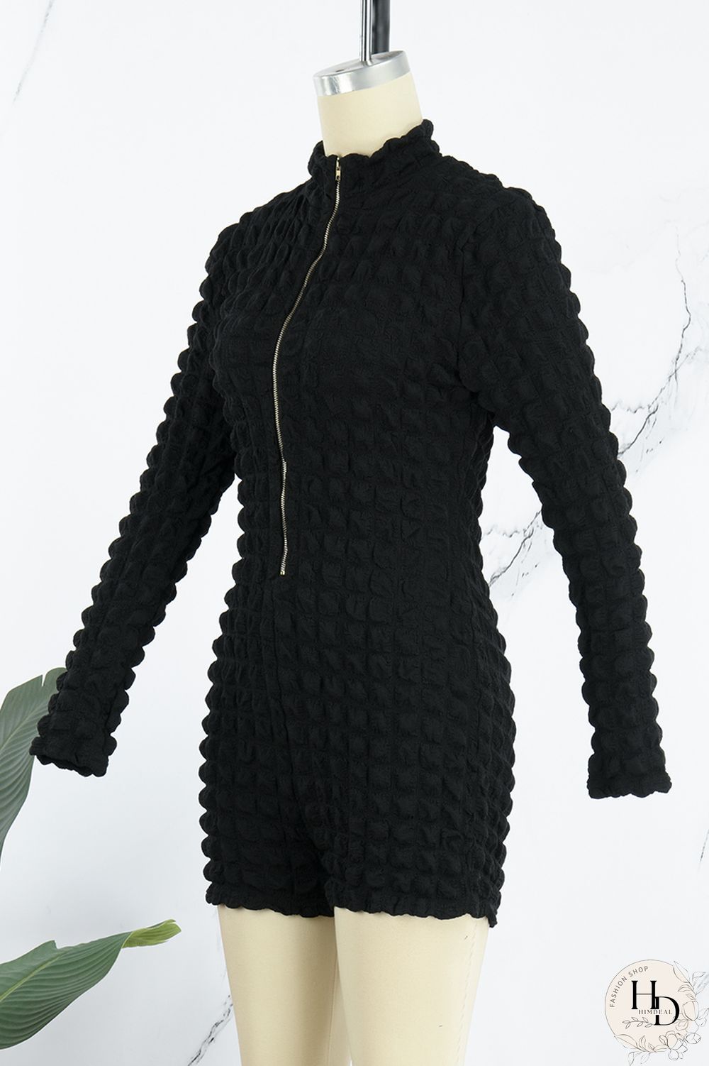 Black Casual Solid Patchwork Zipper Collar Skinny Jumpsuits