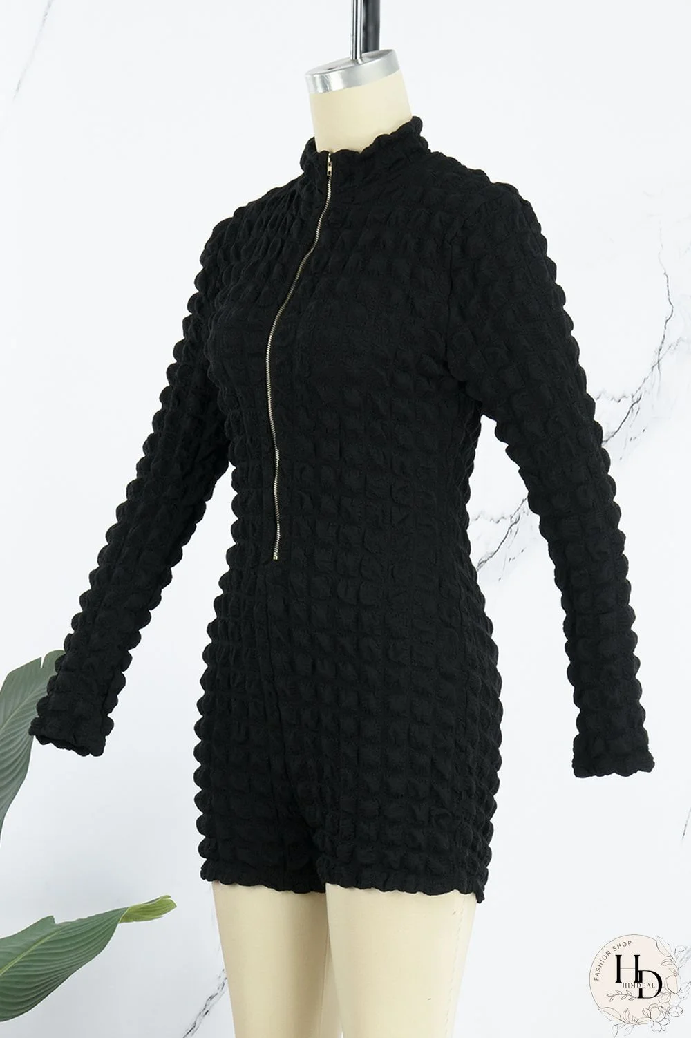 Black Casual Solid Patchwork Zipper Collar Skinny Jumpsuits