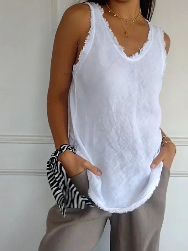 Solid Color V-neck Cotton And Linen Top hjn Shicloths
