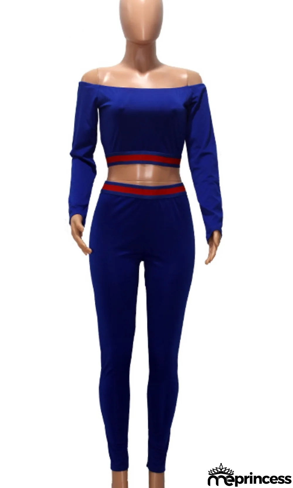 Autumn Blue Off Shoulder Long Sleeve Crop Top and Slim Pants Set