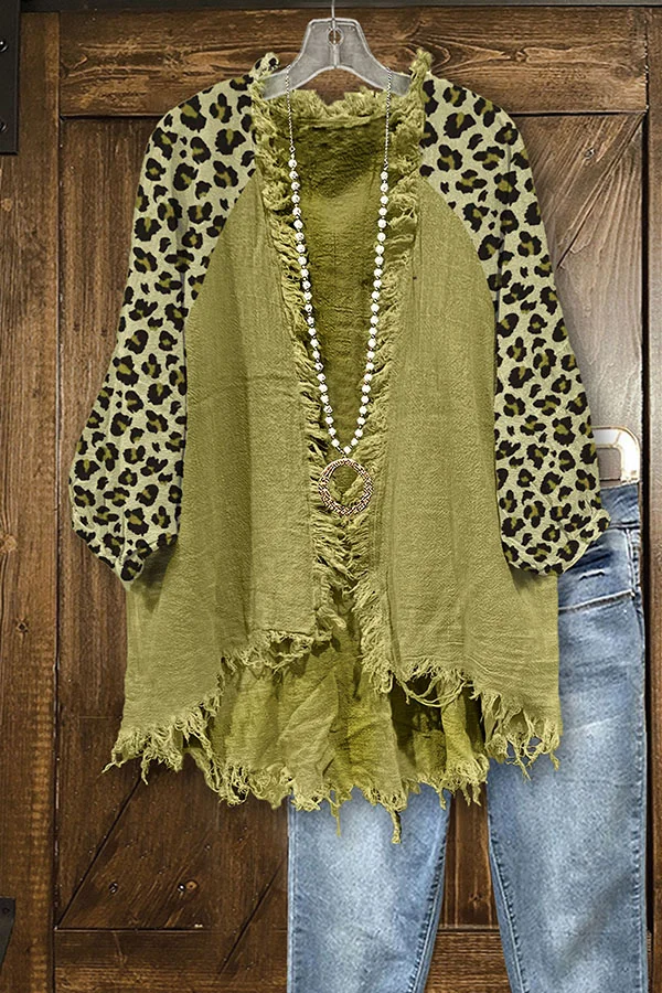 Leopard Print Paneled Frayed Casual Outerwear
