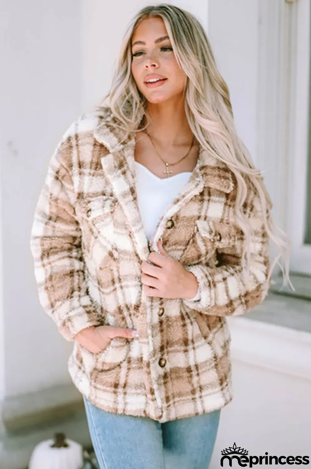 Khaki Sherpa Plaid Button Pocketed Jacket