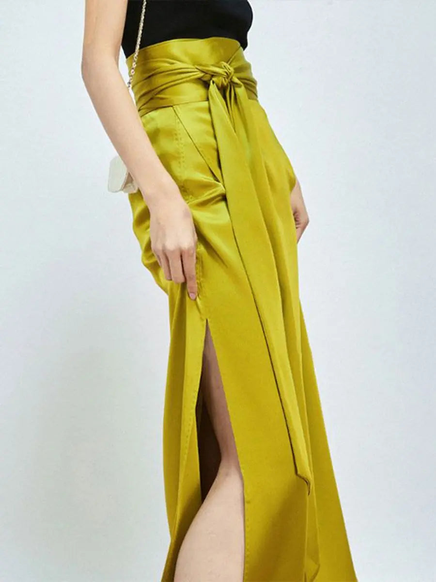 Lace Up High Waist Split Hem Skirt