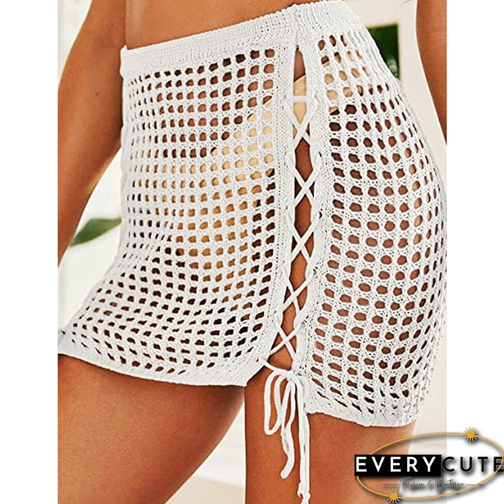 White Hollow-out Side Drawstring Beachwear Mini Skirt