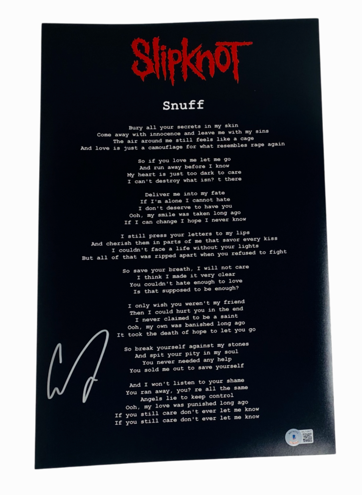 Corey Taylor Signed Slipknot Snuff 11x17 Lyric Poster Photo Poster painting Beckett COA