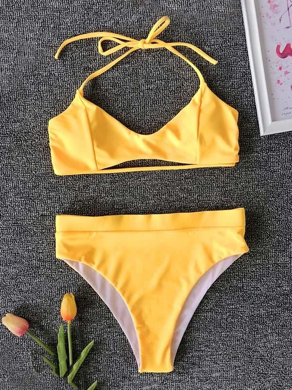 Solid Color Simple Bandage Split Bikini Swimsuit