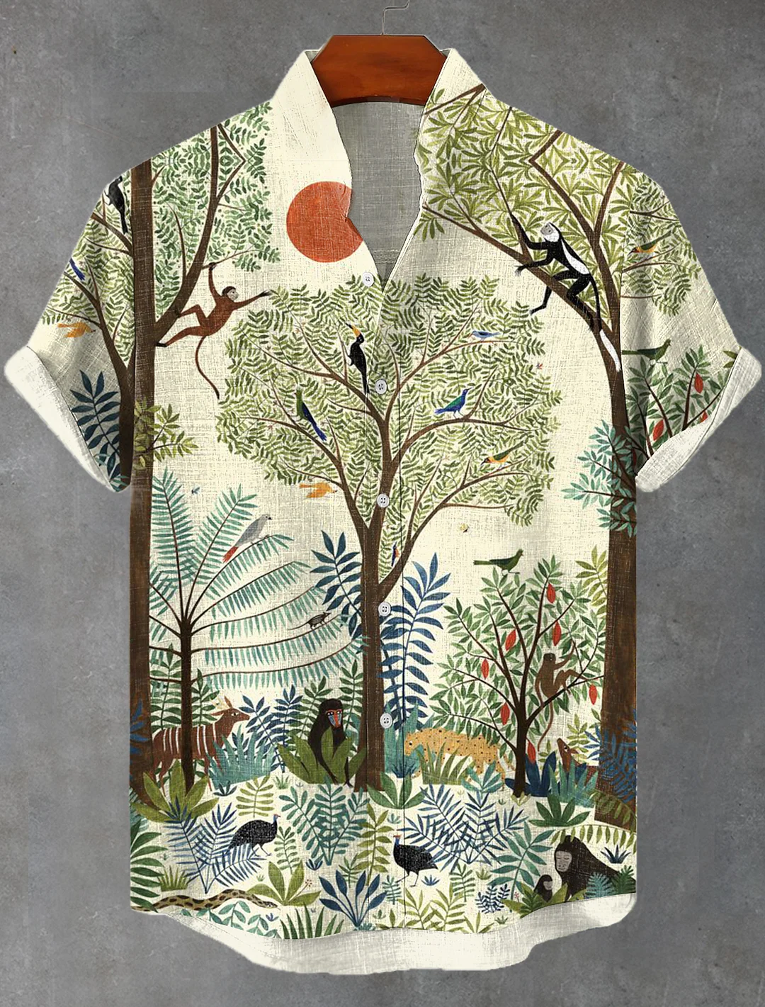 Men's Tropical Boho Forest Art Print Short Sleeve Linen Blend Shirt