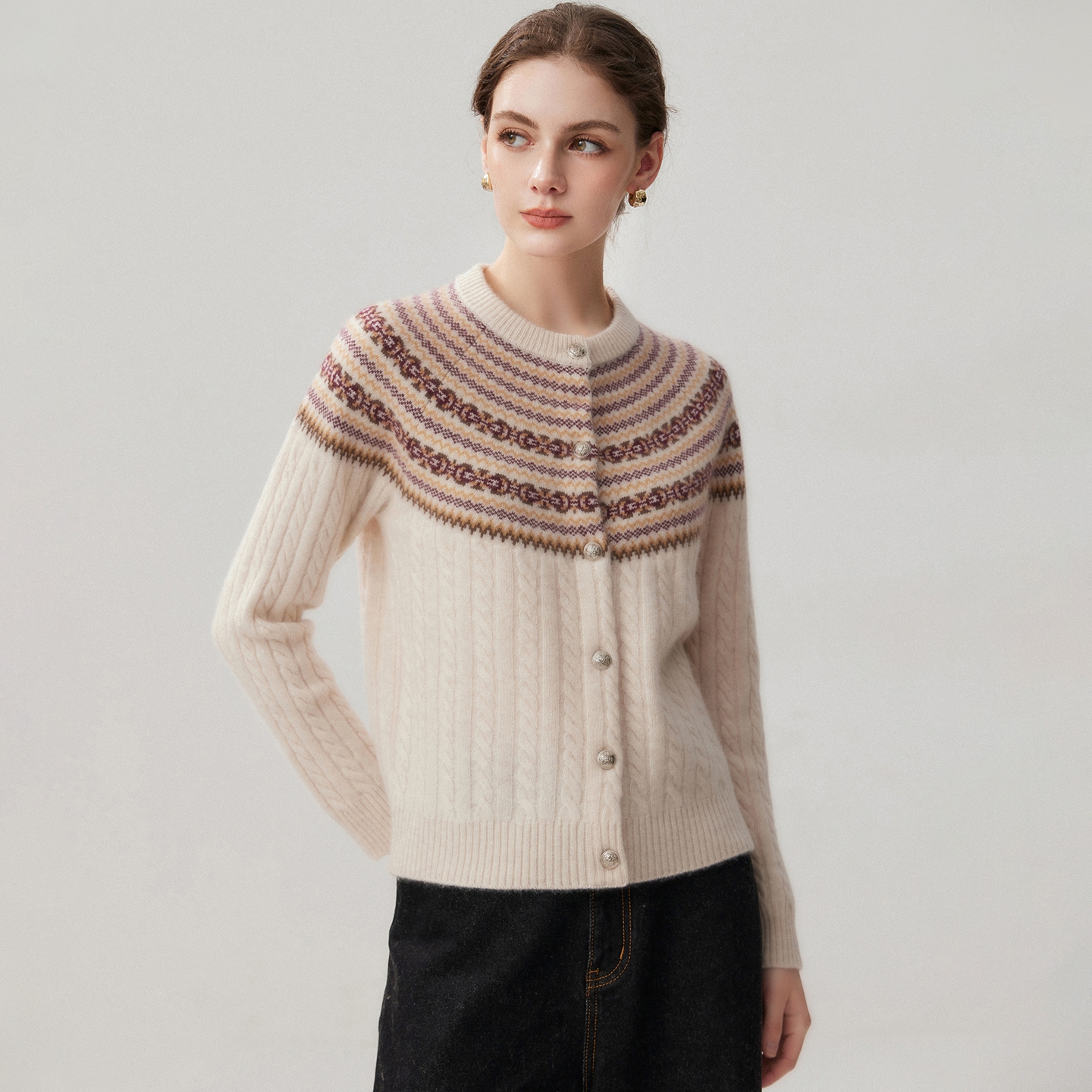 Women's Baby Cashmere Cardigan Regular Fit Fair-Isle Yoke Crew Neck REAL SILK LIFE