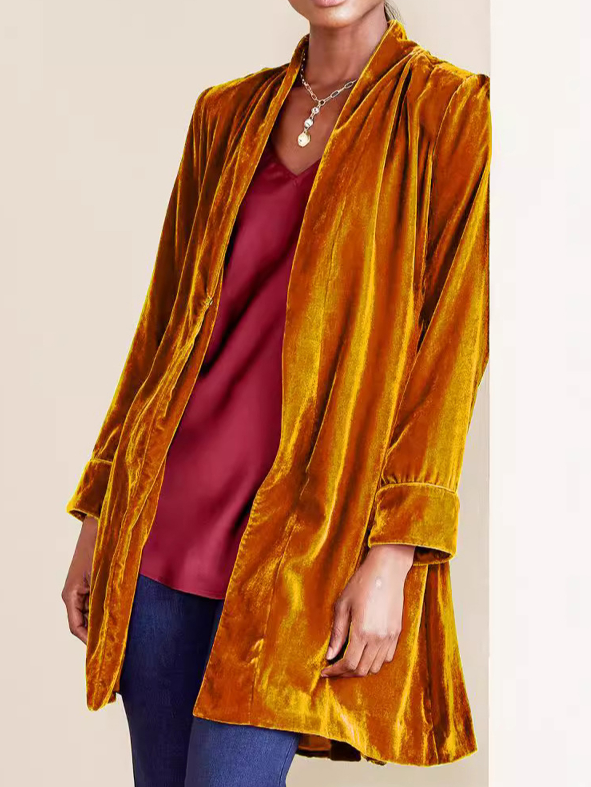 Formal Lapel Collar Long Sleeve Mid-length Velvet Coat