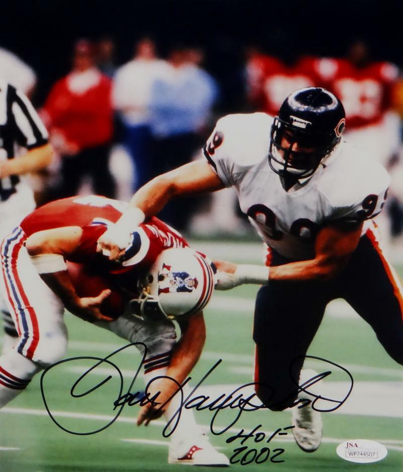 Dan Hampton Autographed HOF Bears 8x10 Tackling Patriot Photo Poster painting- JSA W Auth *Blk