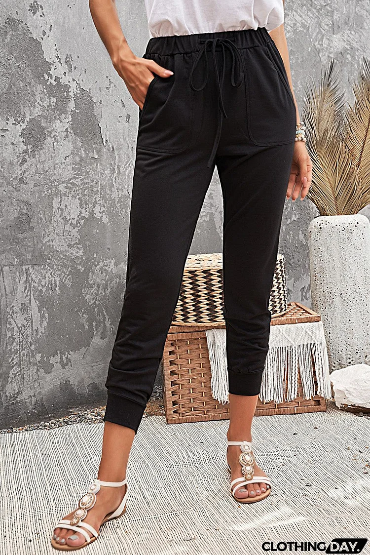 Women's Casual Black Pocketed Drawstring Sports Joggers