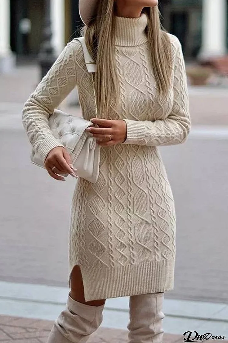 Elegant Solid Slit Weave Turtleneck Long Sleeve Dresses