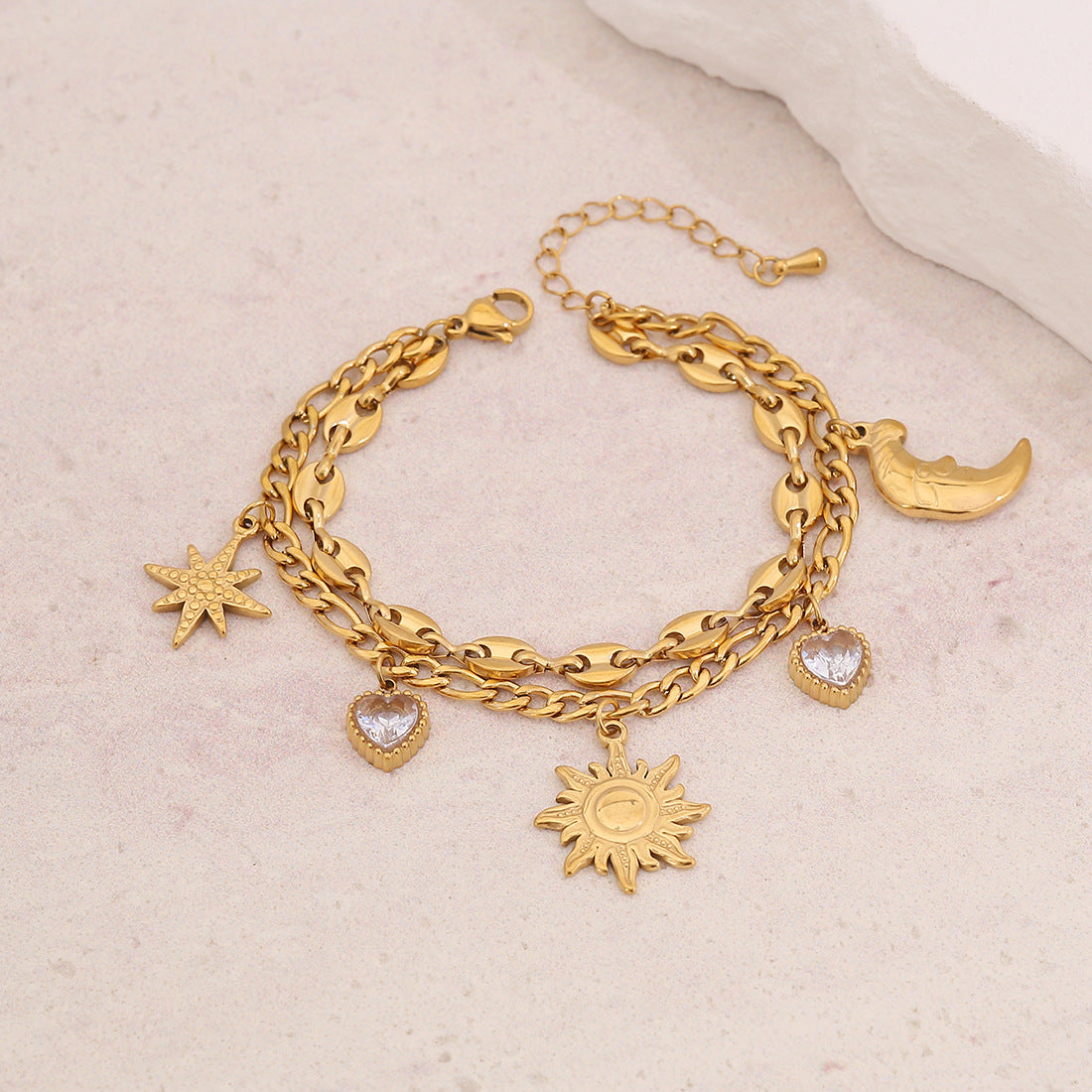 Titanium Steel Bracelet Bow Star Moon Heart Diamond Double Layer Stacking Pig Nose Bracelet Female B618