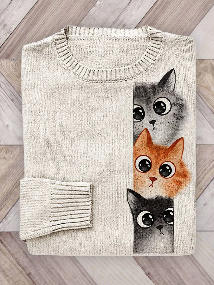 Comstylish Watercolor Cat Casual Cozy knit Sweater