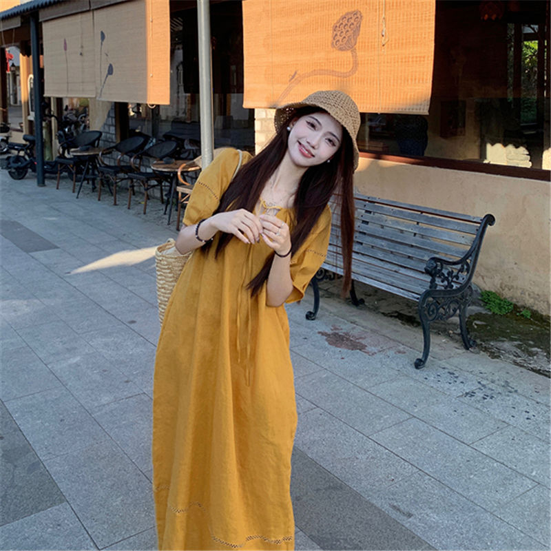 Northwnidgrp homecoming dresses 2025 for Summer Simple Style Dopamine Series Make You Stand Out Loose Yellow Dress V-neck Puff Sleeve Comfortable and Breathable