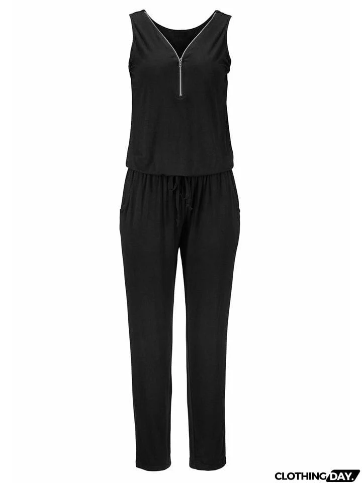 Pretty Sexy Zipper Sleeveless Solid Color Jumpsuit
