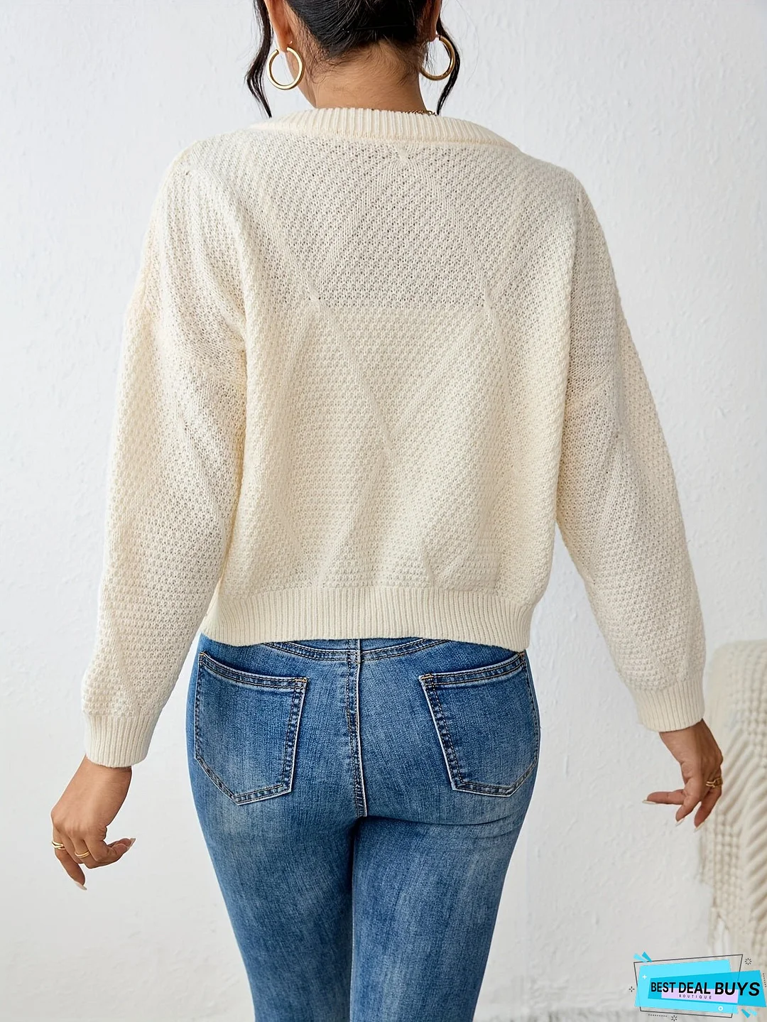 Solid Button Down Knit Cardigan, Elegant Crew Neck Long Sleeve Sweater, Women's Clothing