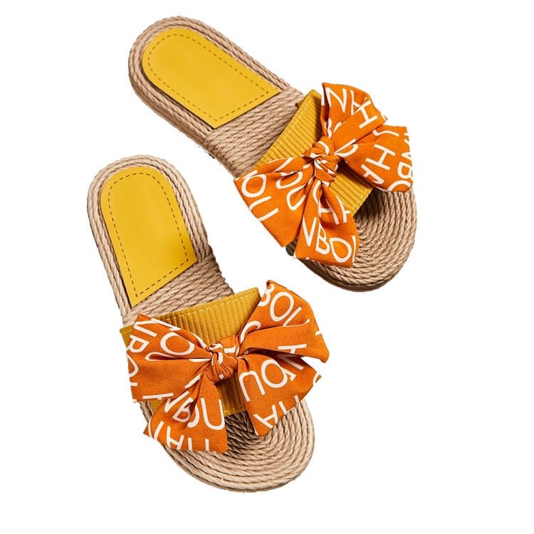 New Summer Women Flax Alphabet Bow Slippers Flats Colored Casual Slides Flip Flops Female Indoor Home Shoes Ladies Sandals hy445