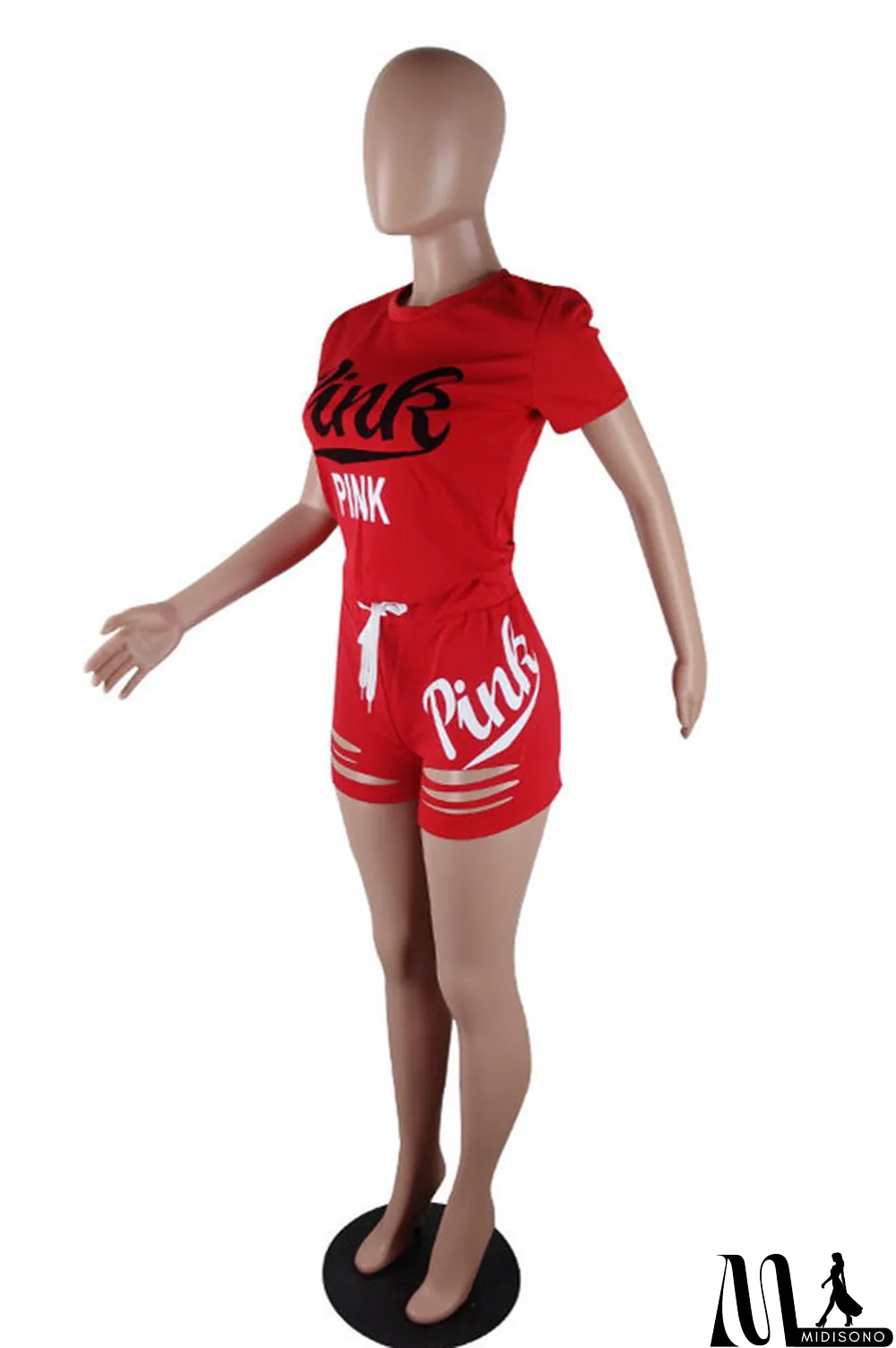 MidiSono - Pink Fashion Casual Letter Print Ripped O Neck Short Sleeve Two Pieces