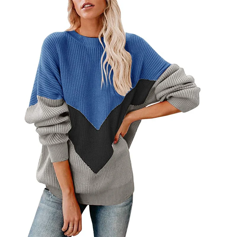 Wongn Wongn 2023 Ladies Splice Color Long Sleeved Round Neck Top Sweater Knit Jumper