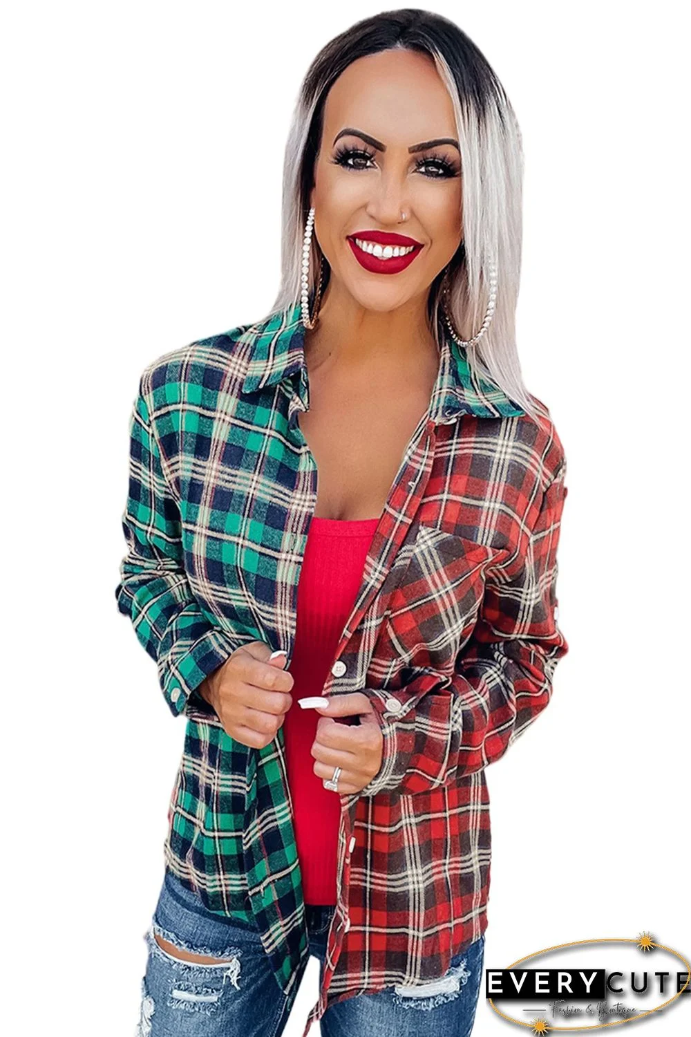 Green Plaid Color Block Buttoned Long Sleeve Shirt